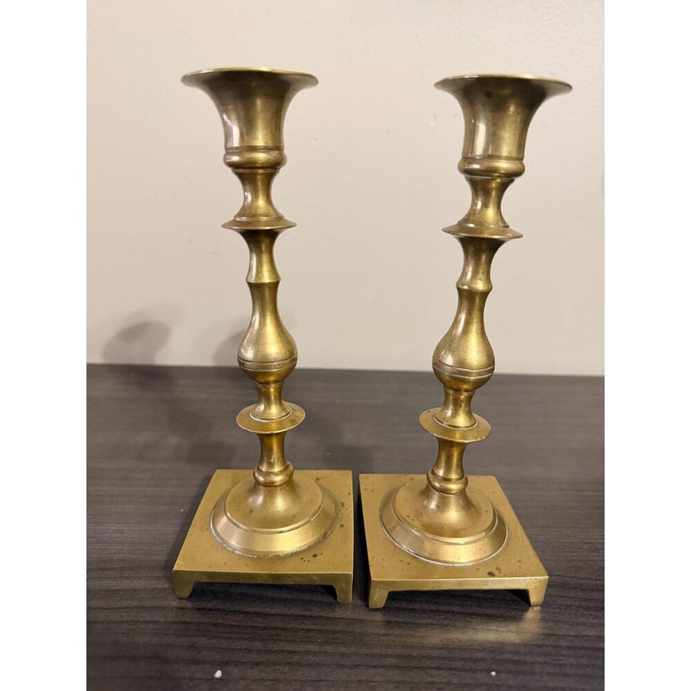 Brass Tone Taper Candle Holders Pair 7.5 Inch Square Footed Base Candlesticks